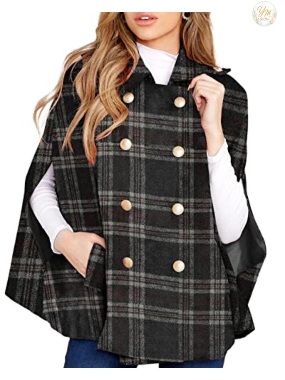 Women's Double Breasted Plaid Wool Cape Coat with Pockets